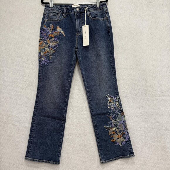Driftwood Jeans Womens W28 L25 Blue Embroidered Floral Bird Straight Leg Denim - Picture 1 of 8